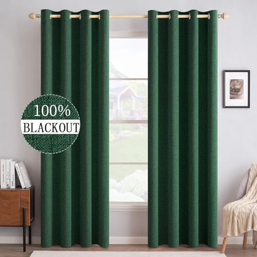 100% Blackout Linen Curtains for Bedroom 52x90 Inches Emerald Green (Emerald Green / 52"W x 90"L (Pack of 2))