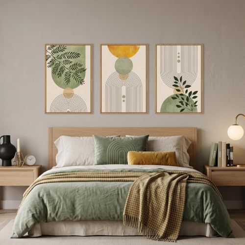 Large Boho Sage Green Framed Canvas Wall Art Set (Boho Green Arch Wall Art / 24"L x 36"W)