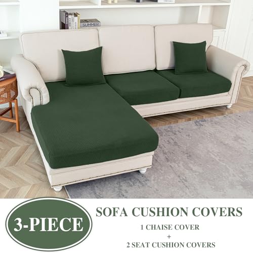 Couch Cushion Covers for Sectional Sofa L Shape Washable Separate Seat Chaise Couch Cover Stretch Sofa Slipcovers with 2 Pcs Pillowcases (Green / Seat Only: 2 Seat + 1 Chaise)