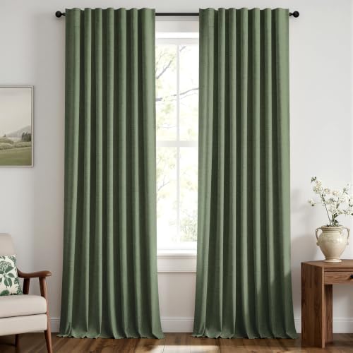 100% Blackout Linen Curtains 42 x 96 Inch Olive Green 2 Panels (Olive Green / 42"W x 96"L (Pack of 2))