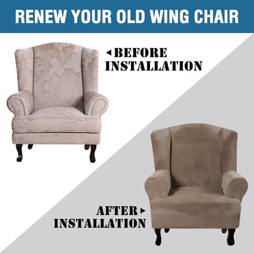 Wingback Chair Covers Velvet Plush Wing Chair Slipcover 1 Piece High Stretch Wing Back Chair Slipcovers Sofa Cover Furniture Cover with Elastic Bottom (Mocha / Wing Chair)
