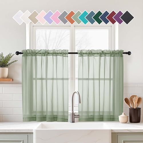 Sage Green Sheer Curtains Tier 30 Inches Length 2 Panels (42"W x 30"L (Pack of 2) / Sage Green)