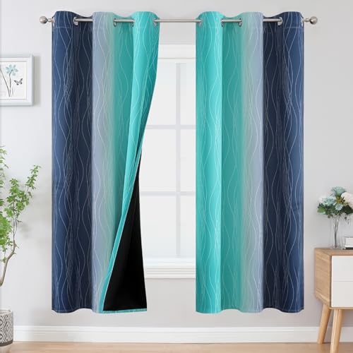 Navy Blue and Teal Gradient Blackout Curtains for Living Room 72 Inch Long (Navy Blue and Teal / 42"W x 72"L (Pack of 2))