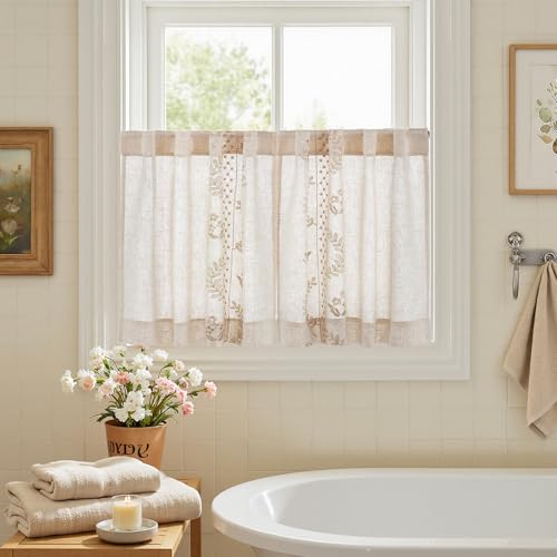 Beige Floral Linen Kitchen Tier Curtains 24 Inch (A| Beige / 26"W x 24"L (Pack of 2))