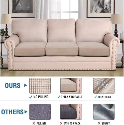 Super Stretch Individual Seat Cushion Covers Sofa Covers Couch Cushion Cover Slipcover Sets Thick Jacquard Textured Twill Fabric (Sand / 3 Cushion XL Sofa)