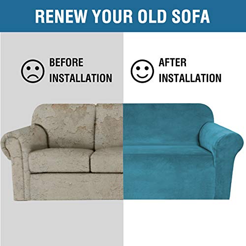 Stretch Velvet Sofa Covers Large Couch Covers Sofa Slipcovers Furniture Protector Soft with Non Slip Elastic Bottom (Peacock Blue / XL Sofa)