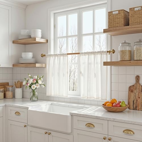 Semi Sheer Natural Linen Curtains 36 Inch Length (34"W x 36"L (Pack of 2) / Beige White)