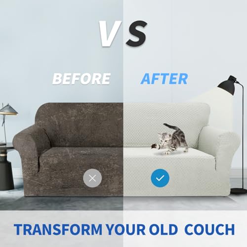 1 Piece Jacquard Couch Covers for 3 Cushion Couch Living Room High Stretch Sofa Cover Pets Dogs Friendly Anti Slip Thickened Slipcovers Furniture Protector (Large (71"-90") / Ivory)