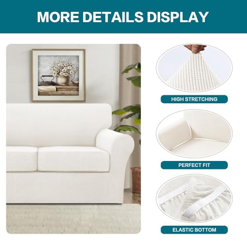 3 Piece Sofa Covers for 2 Cushion Couch Sofa Slipcover Soft Couch Cover for Dogs (Loveseat (2 Cushion) / Porcelain White)