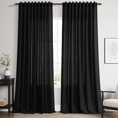 Black Linen Curtains 90 Inches Long for Living Room Back Tab and Rod Pocket Semi Sheer Privacy Curtains Simple Modern Cotton Textured Curtain for Bedroom 70x90 (70"W x 90"L (Pack of 2) / Black)
