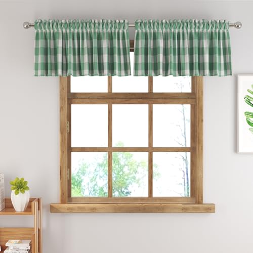 Short Christmas Curtains For Windows Treatment Buffalo Check Plaid Valances Gingham 2 Pack Tiers Rod Pocket Green and White Decor Curtains Over Sink For Kitchen (34"W x 16"L (Pack of 2) / Green and White)