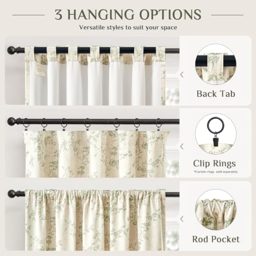 Blackout Vintage Floral Linen Curtains Green on Beige 50×96 2 Panels (Green / 50"W x 96"L (Pack of 2))