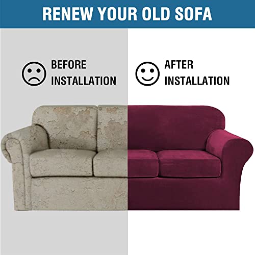 Modern Velvet Plush 4 Piece High Stretch Sofa Slipcover Sofa Cover Furniture Protector Form Fit Luxury Thick Velvet Sofa Cover for 3 Cushion Couch Width Up to 90 Inch (3 Cushion Sofa / Wine/Burgundy)