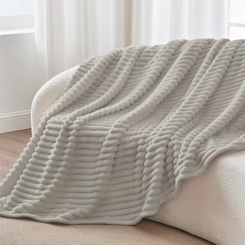 Ribbed Fleece Throw Blanket for Couch (Light Grey / Throw XL(50"x70"))