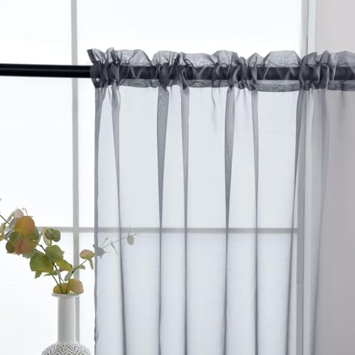 Grey Sheer Curtains 4 Panels Rod Pocket Semi (Grey / 52"W x 63"L (Pack of 4))