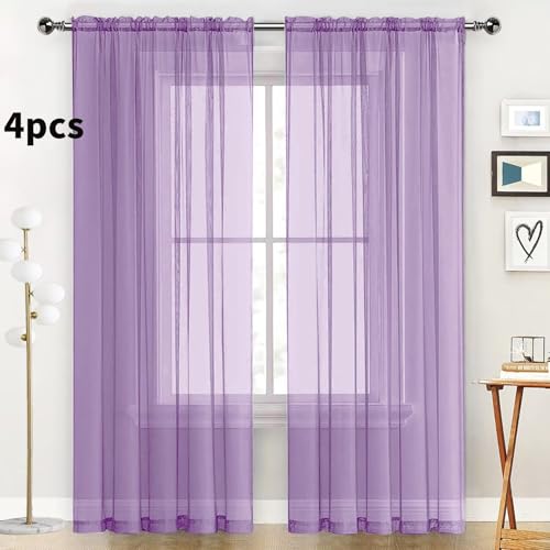 Lavender Sheer Curtains 4 Panels Rod Pocket Semi (Lavender / 52"W x 96"L (Pack of 4))