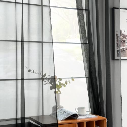 Solid Sheer Rod Pocket Curtain Voile Draperies 2 Panels White Beige Black Ivory Coffee 26 Inch Width 40 Inch Long 1 Pair for Kitchen Bedroom Children Living Room Yard (Black / 26"W x 40"L (Pack of 2))