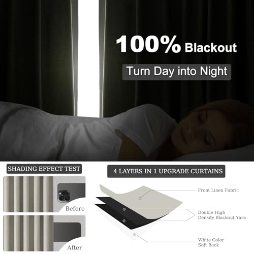 90 Inches Linen Curtains 100% Blackout Curtain for Bedroom Livingroom Vintage Farmhouse Linen Textured Thermal Room Darkening Drapes 2 Panels with Back Tab Rod Pocket Pinch Pleated Flax Grey (Flax Grey / 52"W x 90"L (Pack of 2))