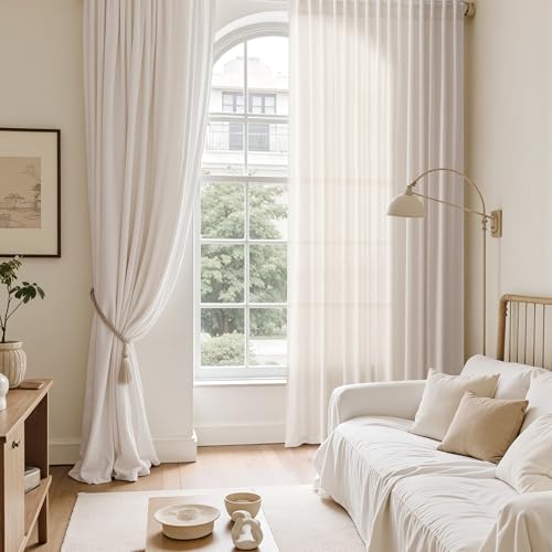 Ivory White Linen Curtains 132 Inch Length for Living Room Light Filtering Semi Sheer Curtain Back Tab Neutral Modern Farmhouse Decor Drapes Floor to Ceiling High Window for Bedroom 52x132 (52"W x 132"L (Pack of 2) / Ivory White)
