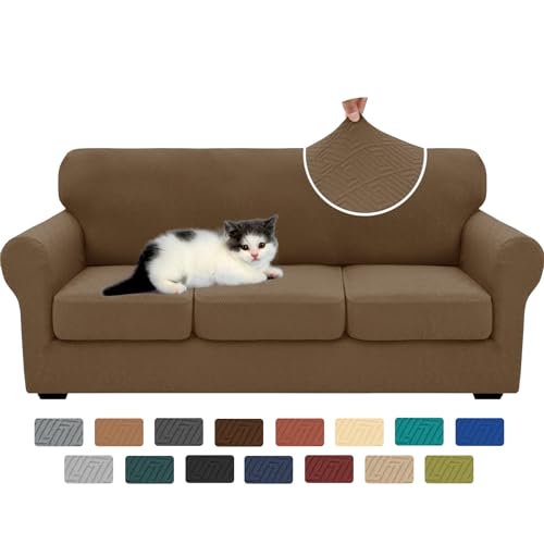 4 Piece Stretch Sofa Cover (71"-91"(3 Cushions) / Brown)