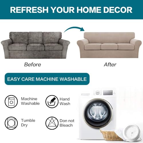 4 Piece Sofa Covers for 3 Cushion Couch Sofa Slipcover Soft Couch Cover for Dogs Washable Furniture Cover with 3 Individual Large Cushion Covers Feature Fabric (L Sofa (3 Cushion) / Sand)