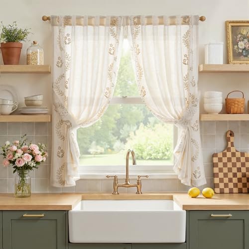 Beige Floral Linen Kitchen Tier Curtains 50x54 Inch 2 Panels (A| Beige / 50"W x 54"L (Pack of 2))