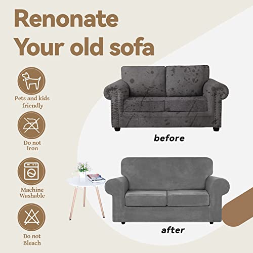 Velvet Stretch 3 Pieces Couch Cover for Sofa Washable (Medium / Light Grey)