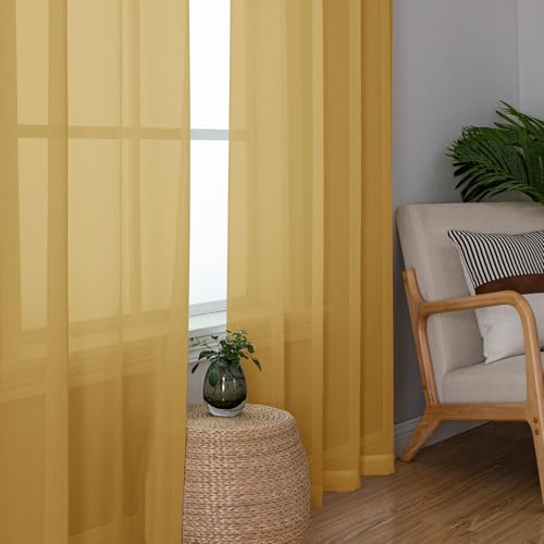 Gold Sheer Curtain 90 Inches Long 2 Panels Set (42"W x 90"L (Pack of 2) / Gold)