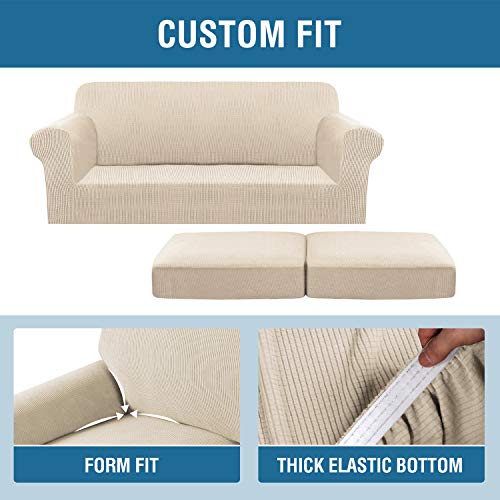 3 Piece Stretch Sofa Covers for 2 Cushion Sofa Couch Covers for Living Room Sofa Slipcovers (Medium-XL / Natural)