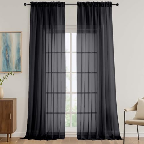 Black Sheer Curtains 108 Inches Long 2 Panels Set (Black / 59"W x 108"L (Pack of 2))