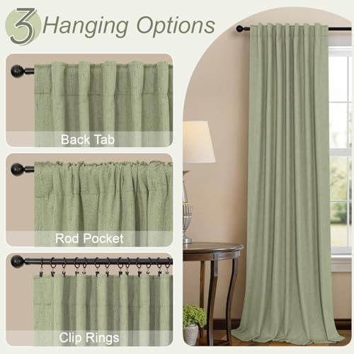 Light Sage Green Black Out Curtains 96 Inch Long for Bedroom 2 Panel Linen Textured Boho Blackout Curtains Darkening Neutral Farmhouse Thermal Drapes for Sliding Doors Patio Living Room 52x96 Length (Sage Green / 52"W x 96"L (Pack of 2))