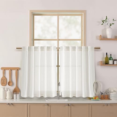 Beige White Linen Curtains for Kitchen Windows Over Sink Neutral 30 Inch Length Back Tab and Rod Pocket Light Filtering Semi Sheer Cafe Curtain for Bathroom RV Small Window 40 x 30 Inch (40"W x 30"L (Pack of 2) / Beige White)