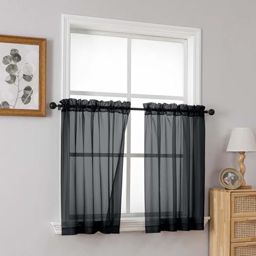 Black Small Sheer Curtains 2 Panels Set (42"W x 36"L (Pack of 2) / Black)