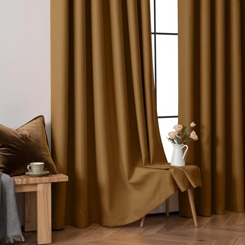 Golden Brown Blackout Bedroom Curtains Drapes 72 Inch Long 52"x72" (Golden Brown / 52"W x 72"L (Pack of 2))