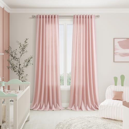 Pink Linen Curtains 90 Inch Long 2 Panels Set for Baby Girl Bedroom Pink Soft Linen Textured Window Drapes Semi Sheer Light Filtering Rod Pocket Back Tab Farmhouse Curtain 52x90 (52"W x 90"L (Pack of 2) / Pink)