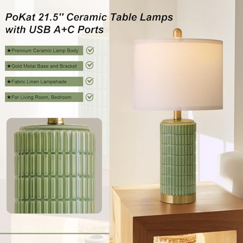 Bedside Table Lamps Set of 2 for Living Room with 2 USB Ports (Green and Gold)