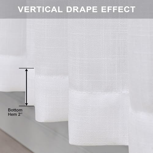 White Linen Sheer Drape 104 Inch Curtains for Living Room Custom Curtains 2 Panels Set Back Tab Pleated Modern Farmhouse Light Filtering Ceiling to Floor for Large Window 52 x 104 Long Curtain (52"W x 104"L (Pack of 2) / Pure White)