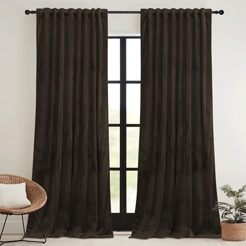 Brown Velvet Blackout Curtains 84 inches Long with Hook Tape (Brown / 42"W x 84"L (Pack of 2))