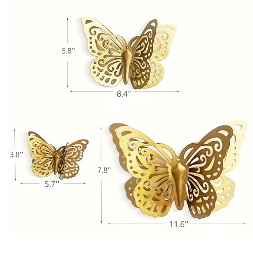 Gold Finish Metal Butterflies Wall Art Set of 3 Metal Wall Decor Butterfly Hanging Decor for Bedroom Bathroom Living Room Garden Kitchen (Rustic Butterfly-3)