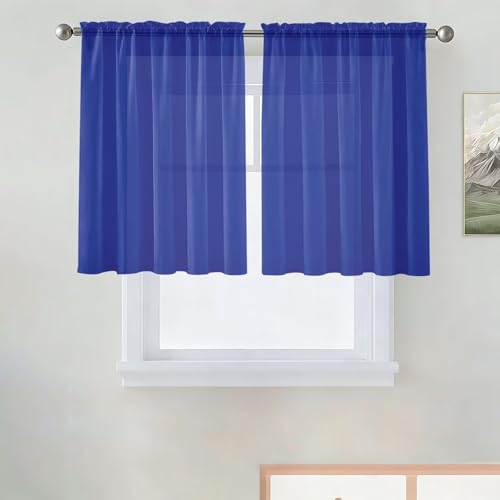 Basic Rod Pocket Sheer Voile Window Curtain Panels Sapphire 1 Pair 2 Panels 52 Width 36 Inch Long for Kitchen Bedroom Children Living Room Yard（Sapphire (Blue Sapphire / 52"W x 36"L (Pack of 2))