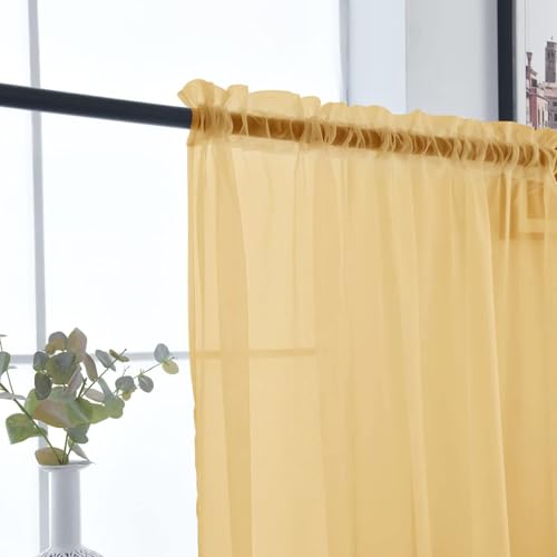 Basic Rod Pocket Sheer Voile Window Curtain Panels Gold 1 Pair 2 Panels 52 Width 72 Inch Long for Kitchen Bedroom Children Living Room Yard（Gold (Gold / 52"W x 72"L (Pack of 2))
