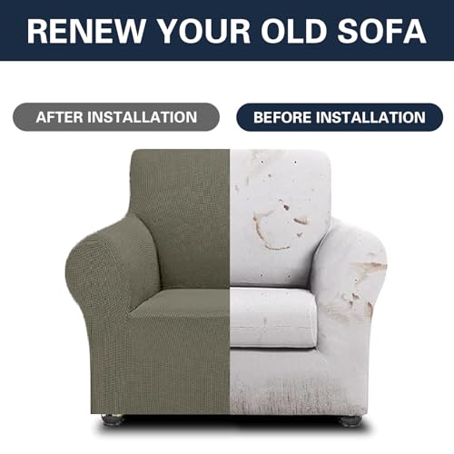 2026 New Stretch Chair Sofa Slipcovers Couch Cover for 1 Seater Furniture Protector Sofa Covers with Elastic Bottom Jacquard Fabric Small Checks for Pets (Khaki / Chair)