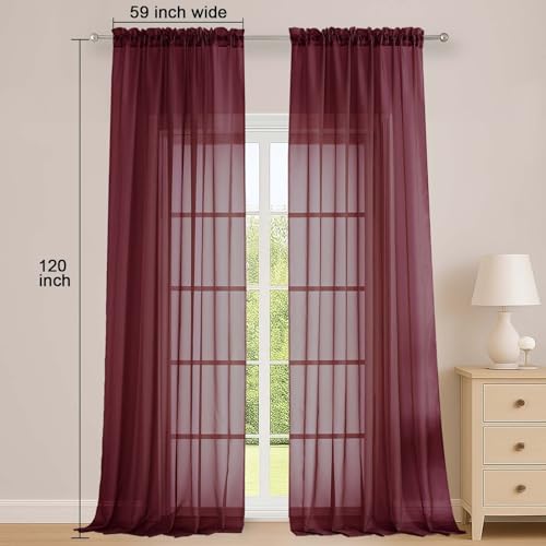 Burgundy Sheer Curtains 120 Inches 2 Panels for Living Room 59" Wide (Burgundy Wine / 59"W x 120"L (Pack of 2))