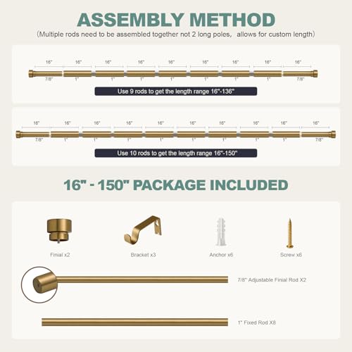 Warm Gold Curtain Rods for Windows 72 to 144 Adjustable Length Heavy Duty 1" Diameter Brass Bronze Long Window Curtain Rod with Solid Metal Finials for Outdoor Farmhouse Bedroom Living Room (Warm Gold / 16"-150"|1 Pack)