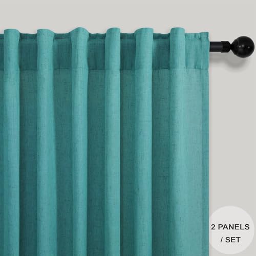 Mid Century Modern Teal Curtains 96 Inches Long 2 Panels for Living Room Bedroom Linen Sheer Semi Privacy Lightweight Light Filtering Drapes for Dining Room Office Farmhouse Coastal Decor 52x96 Length (52"W x 96"L (Pack of 2) / Teal)