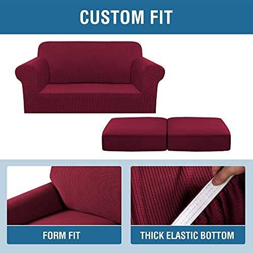 3 Piece Stretch Sofa Covers for 2 Cushion Loveseat Couch Covers for Living Room Furniture Cover (Medium / Burgundy)
