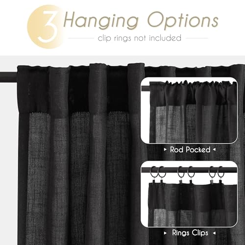 Black Linen Curtains 102 inches Long for Bedroom Back Tab Light Filtering Privacy Semi Sheer Black Curtains Living Room Boho Rustic Farmhouse Cotton Textured Gauze Curtain 2 Panel Set (Black / 52"W x 102"L (Pack of 2))