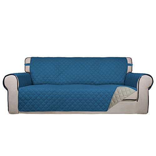 Reversible Quilted Sofa Cover Dog Couch Covers for Sofa (Large / Peacock Blue/Beige)