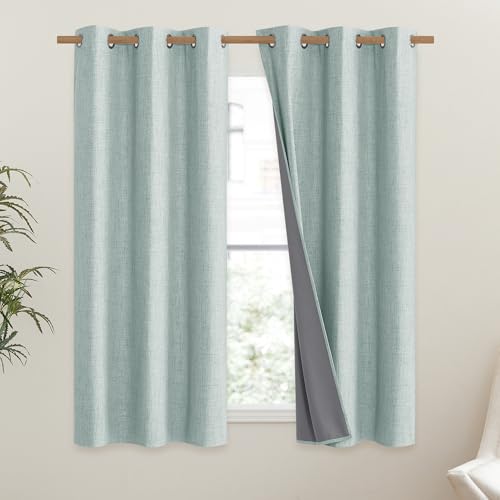 100% Absolutely Blackout Linen Curtains with Thermal Insulated White Liner (42"W x 63"L (Pack of 2) / Seafoam Green)