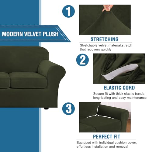 Modern Velvet Plush 4 Piece High Stretch Sofa Slipcover Furniture Protector Form Fit Velvet Extra Large Sofa Cover for 3 Cushion Couch Width Up to 105 Inch (3 Cushion XL Sofa / Olive)